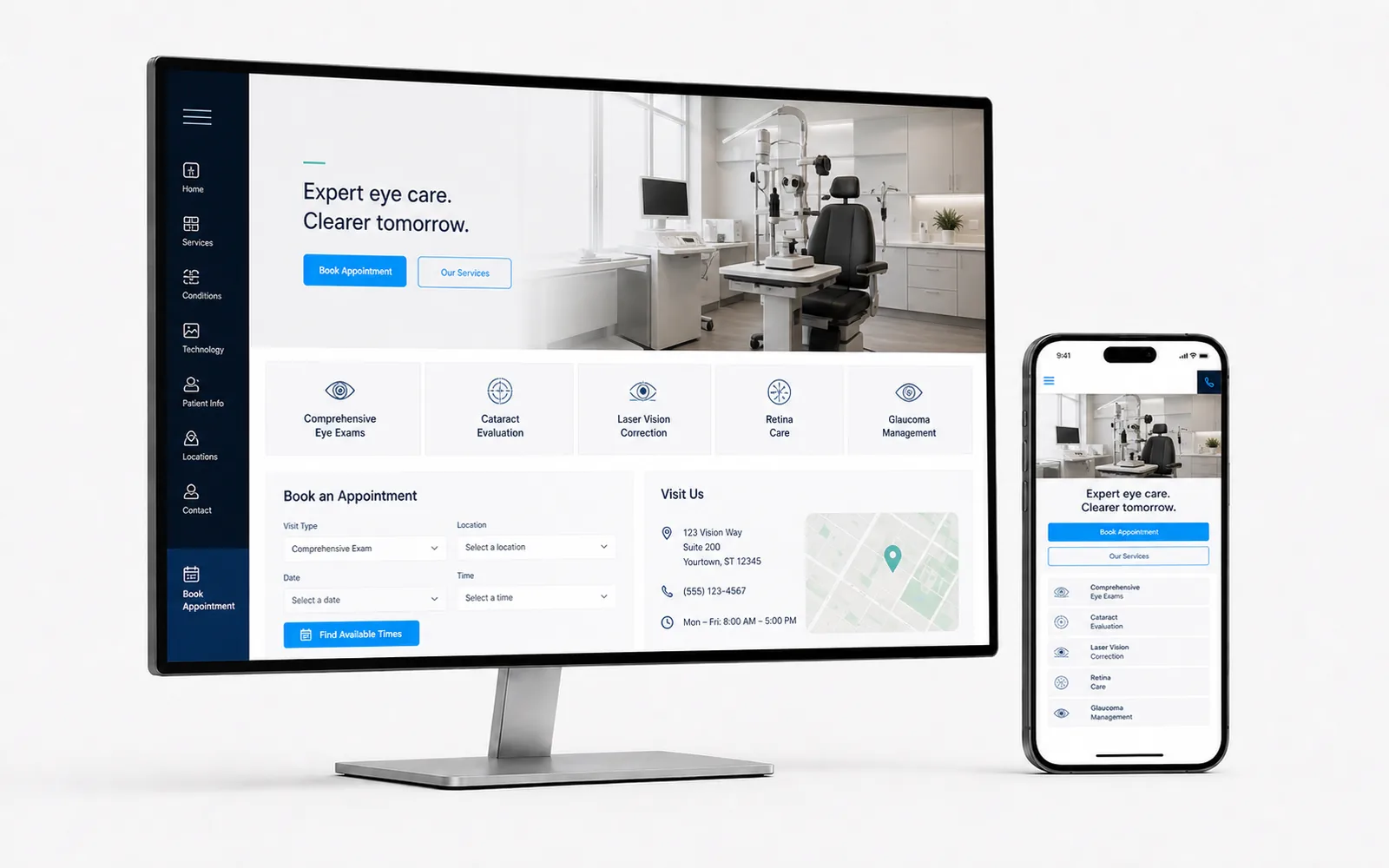 Site médico de oftalmologia com serviços e agendamento em desktop e celular