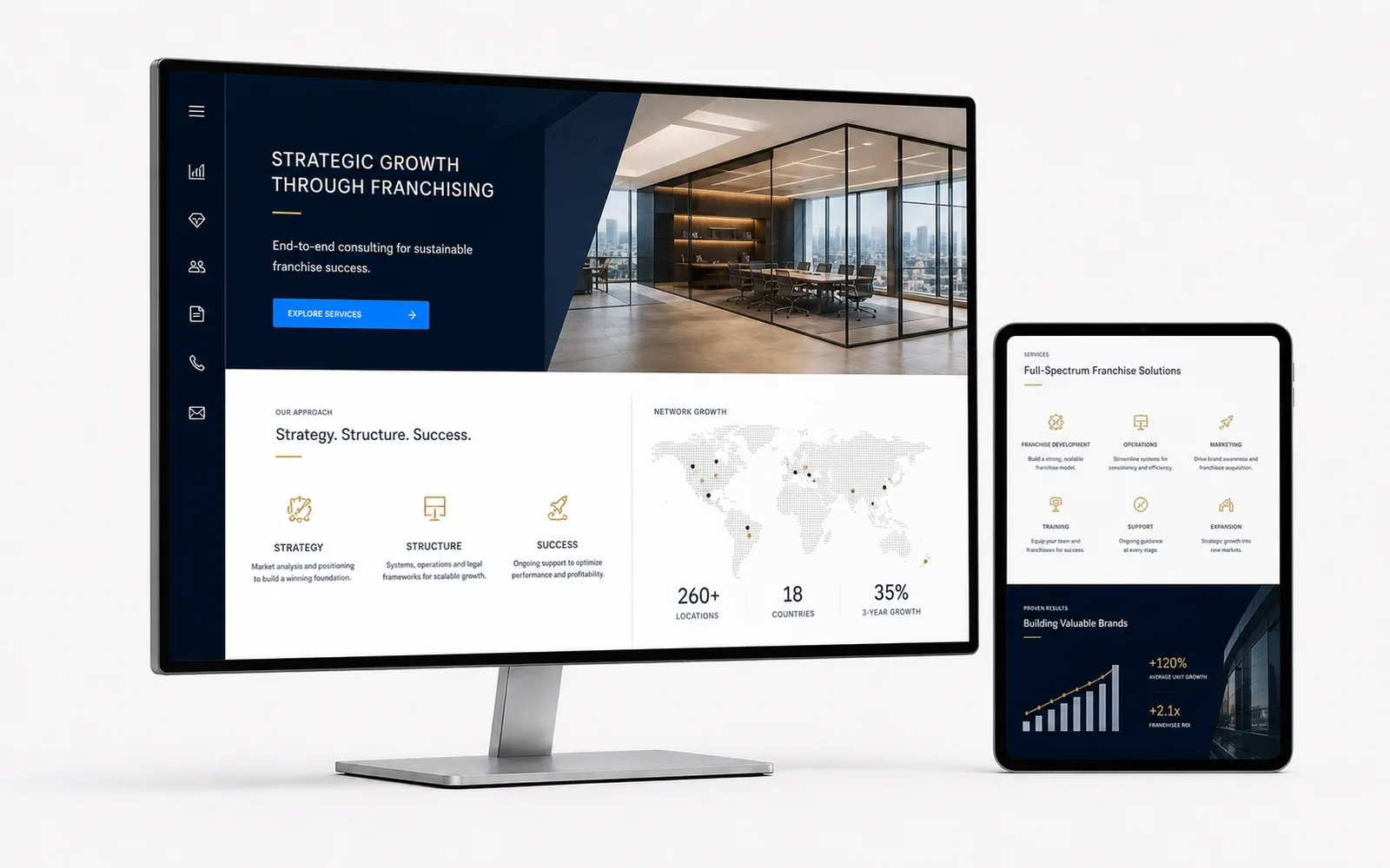 Site corporativo de consultoria e expansão de franquias em monitor e tablet