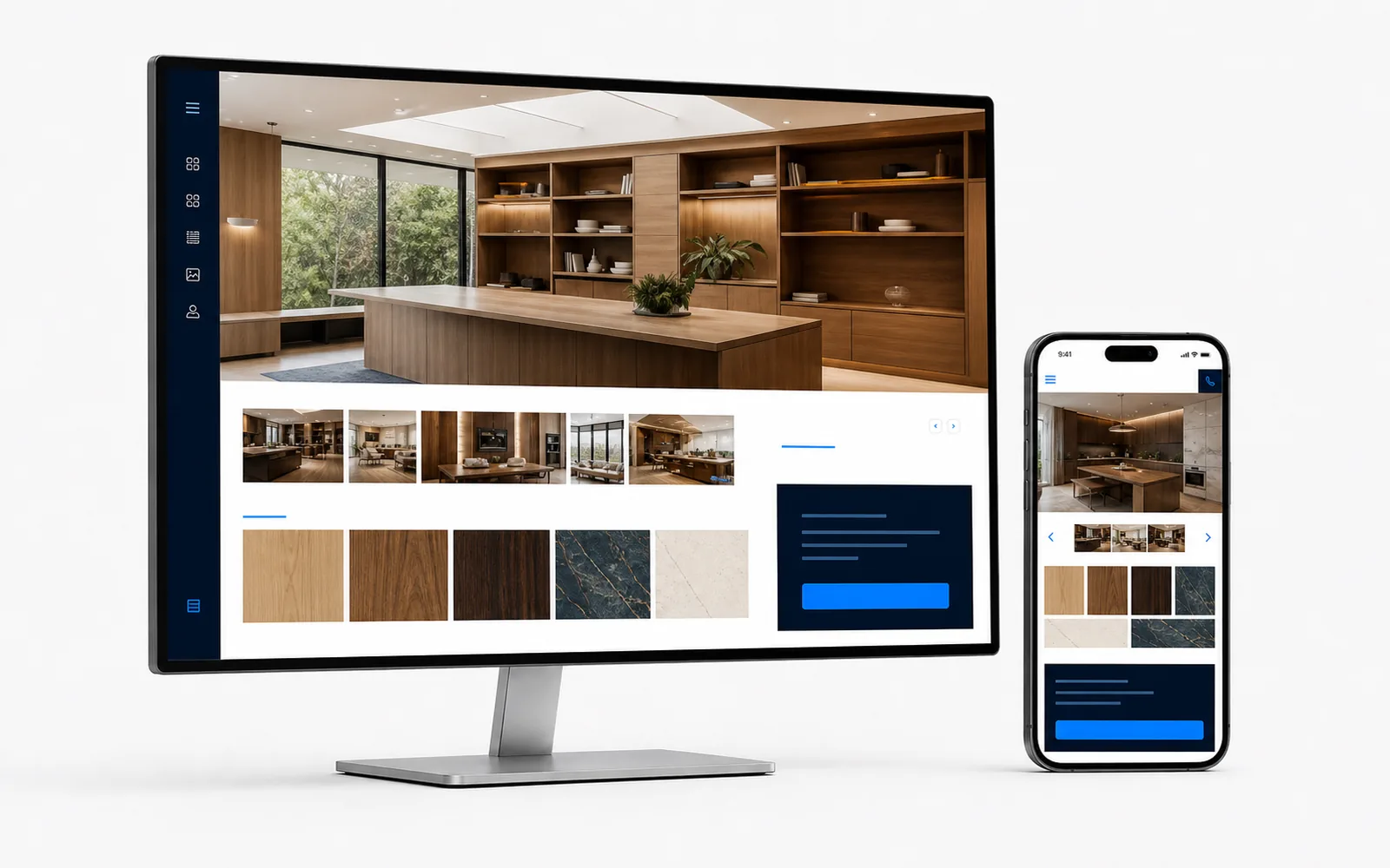 Site de marcenaria premium com galeria de ambientes e amostras de materiais