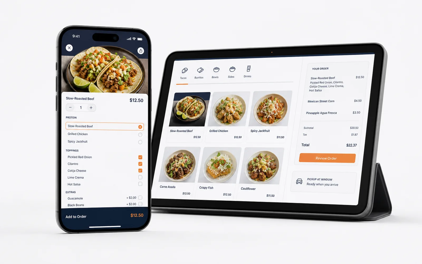 Cardápio digital para pedidos de food truck exibido em celular e tablet